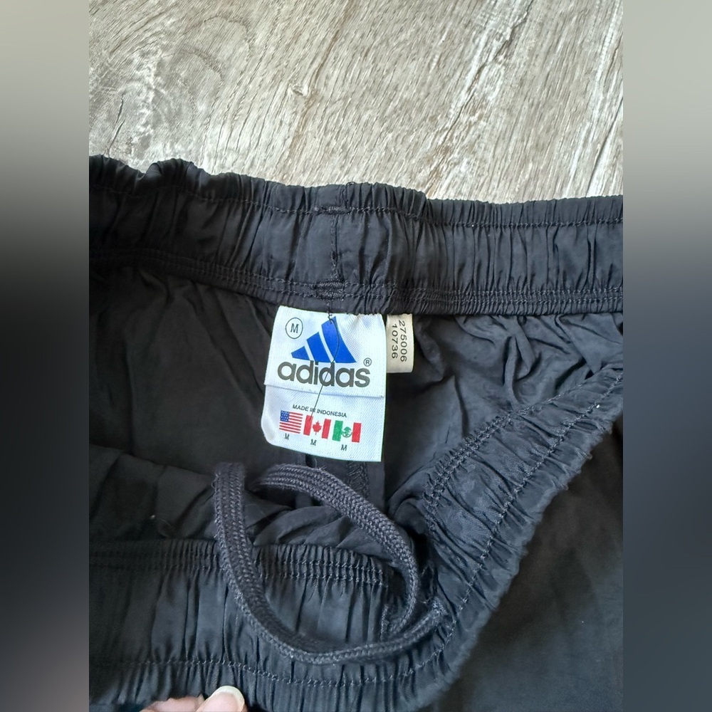 VTG 90s Adidas Black Elastic Waist Nylon Track Short Black Green Stripe Soccer M - Picture 4 of 7